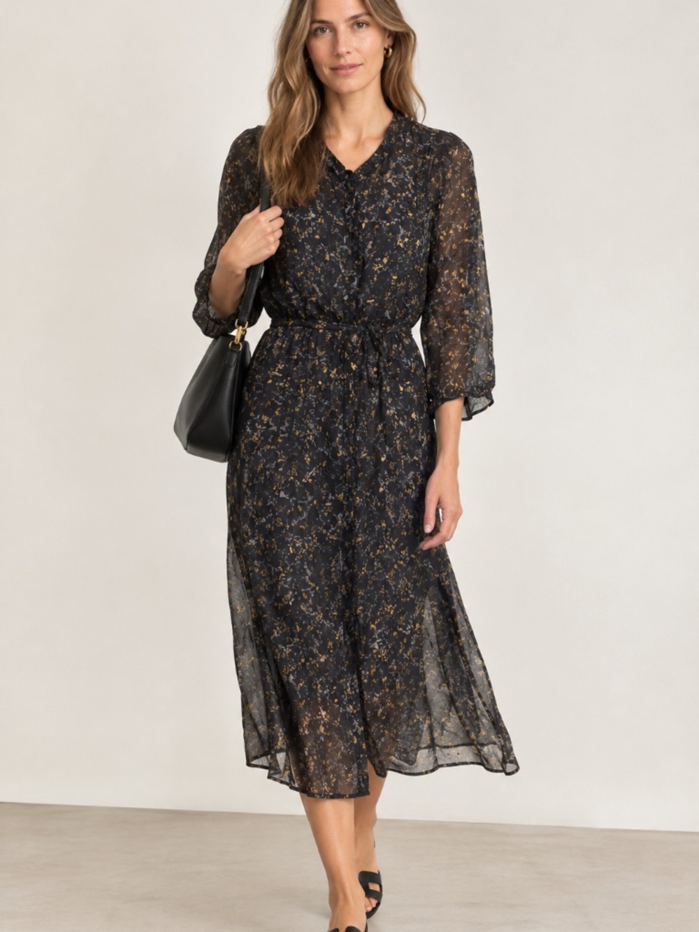 Sheer Floral Midi Dress 3/4 sleeve in Navy and Gold detail